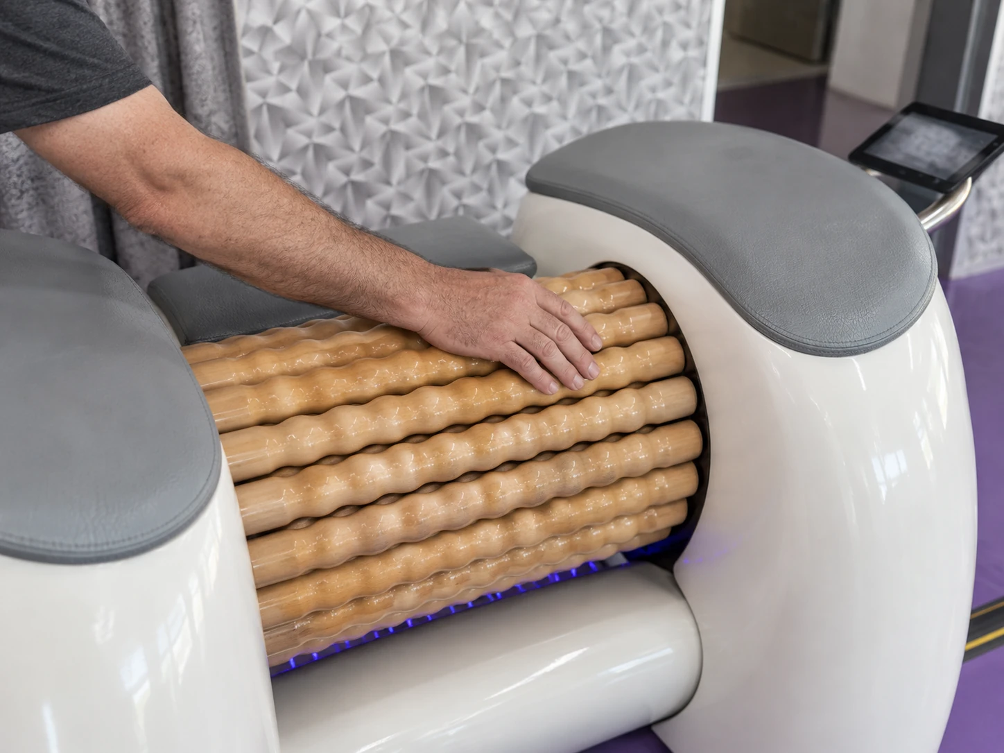 Hand beside the wooden rollers of a Rollshape machine — AI illustration