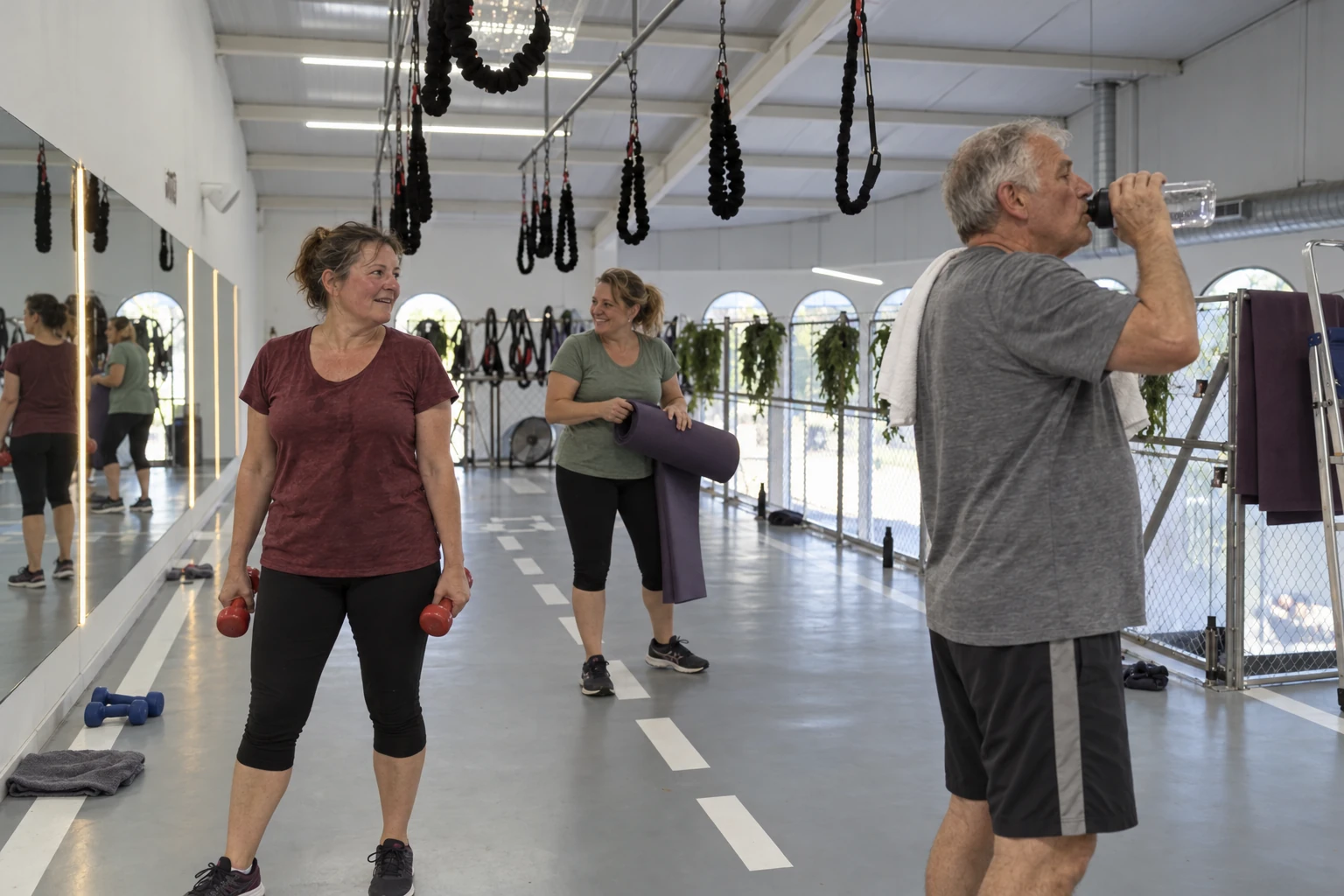 Men and women between exercises in a small training group — AI illustration