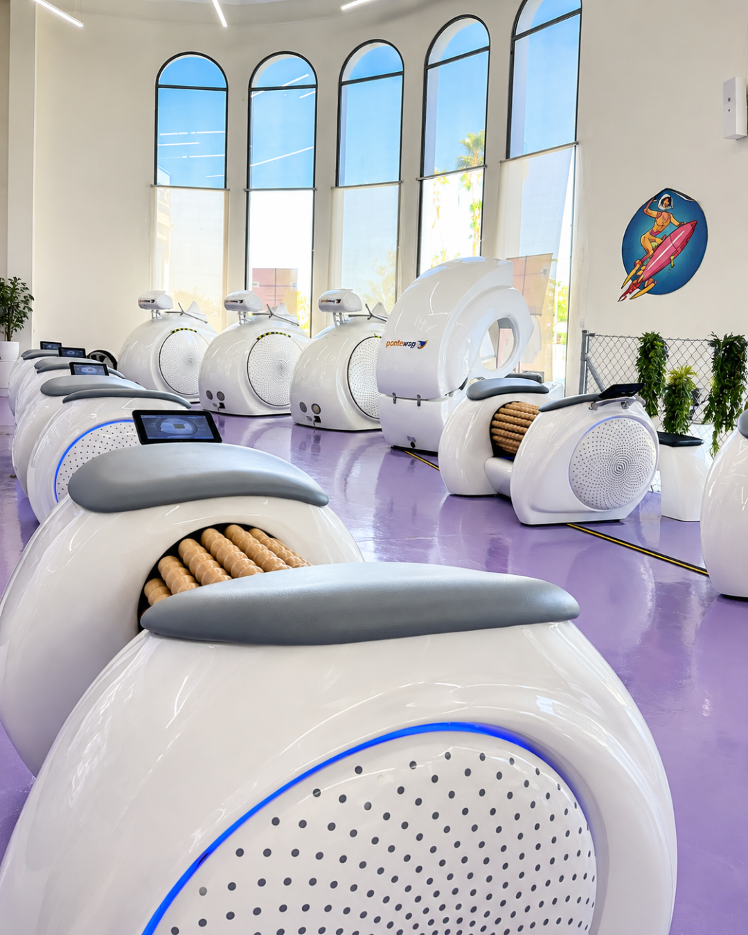 Training machines and tall windows inside the Pontewapa studio