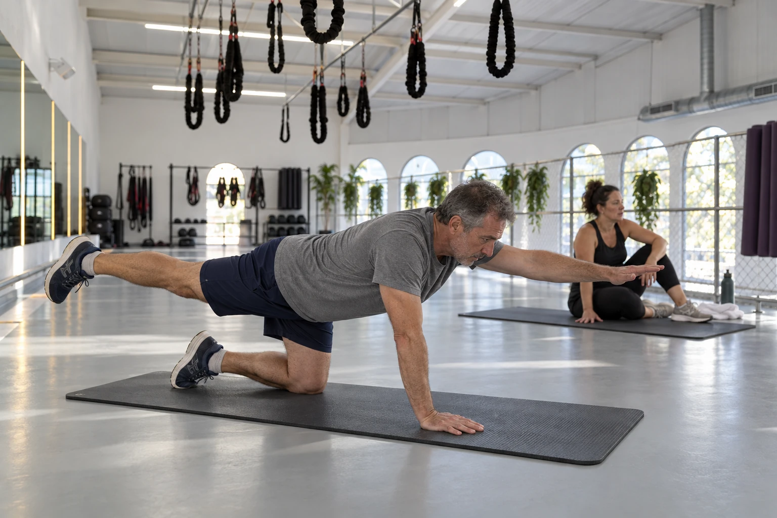 Man doing a controlled mat stability exercise — AI illustration