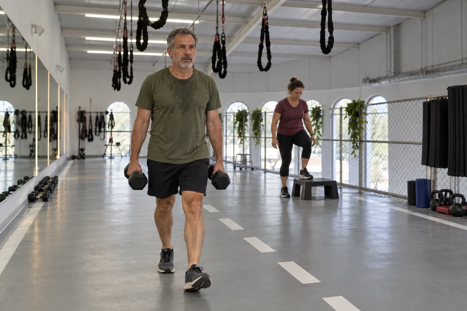Man carrying two dumbbells during functional training — AI illustration