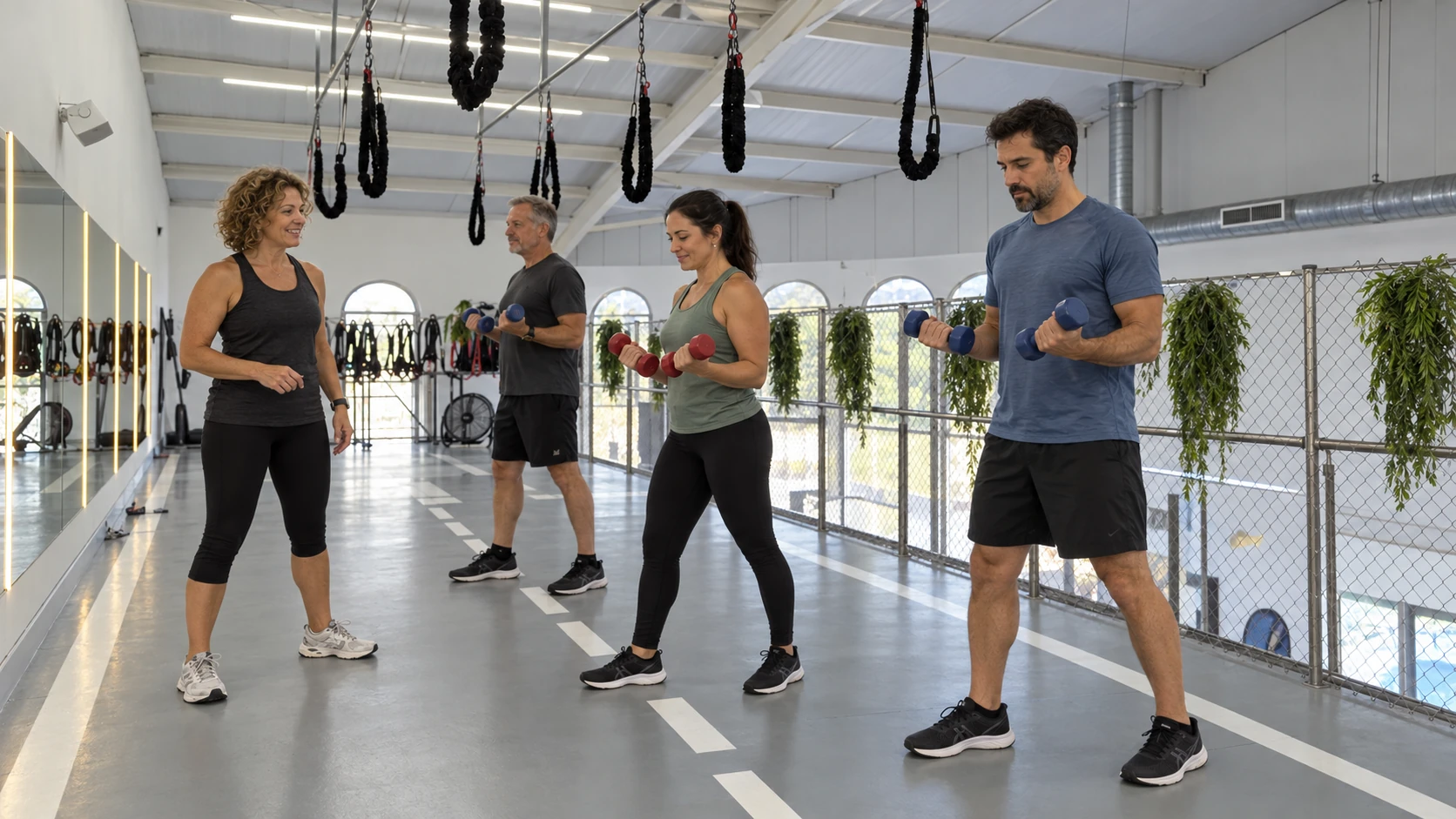 Men and women training with dumbbells in a small group — AI illustration