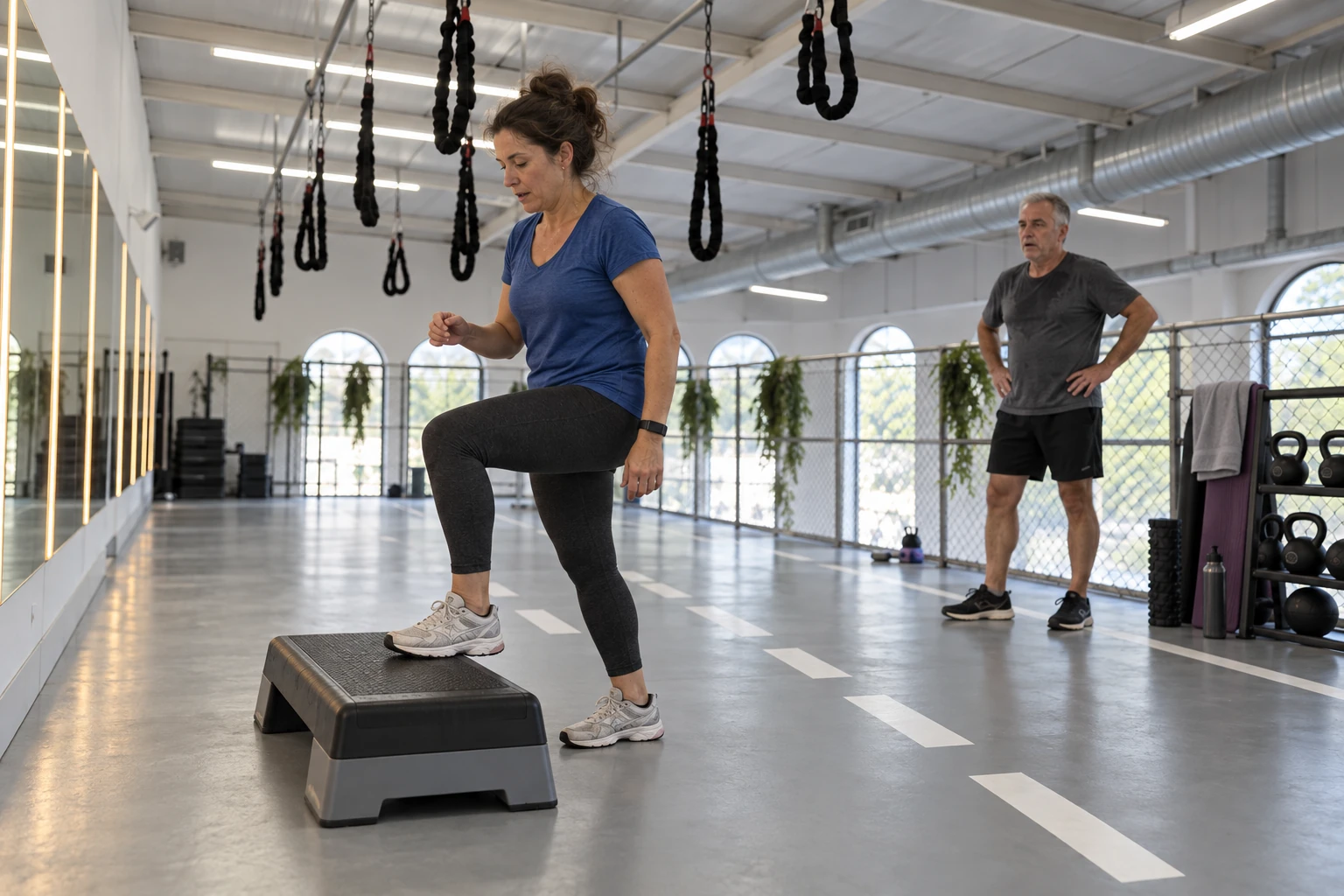 Woman stepping onto a low exercise step during interval training — AI illustration